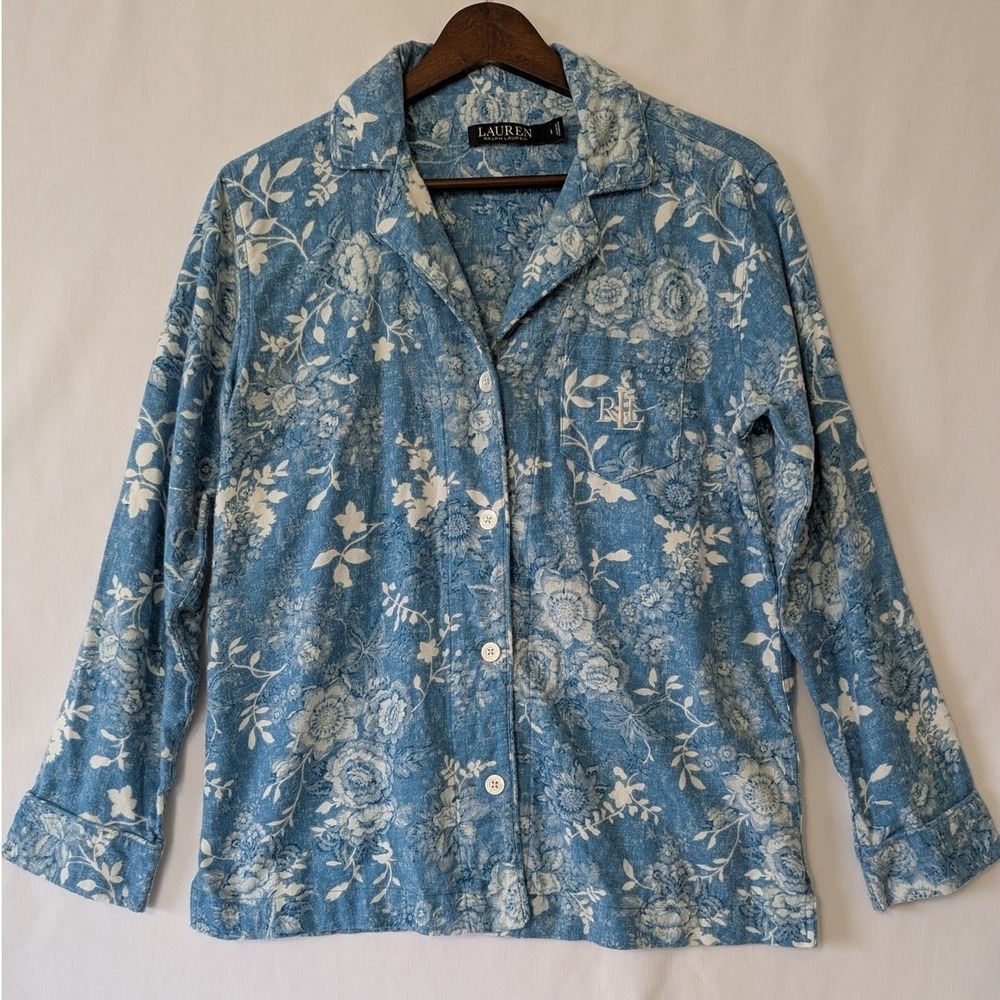 Lauren Ralph Lauren Womens Blue Floral Button Up Sleep Shirt Size Small Peasant
